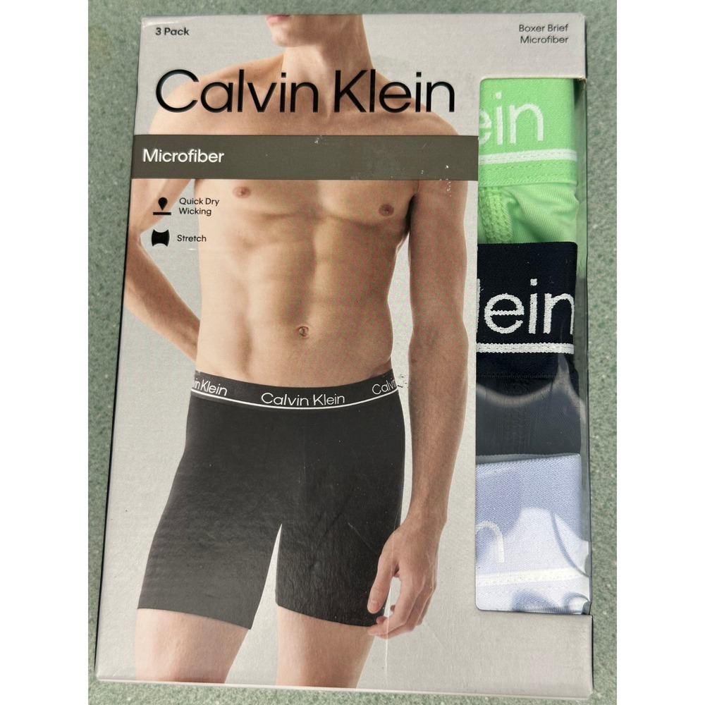 Calvin Klein Mens 3 Pack Microfiber Boxer Briefs Green Navy Blue NP2859R Size S